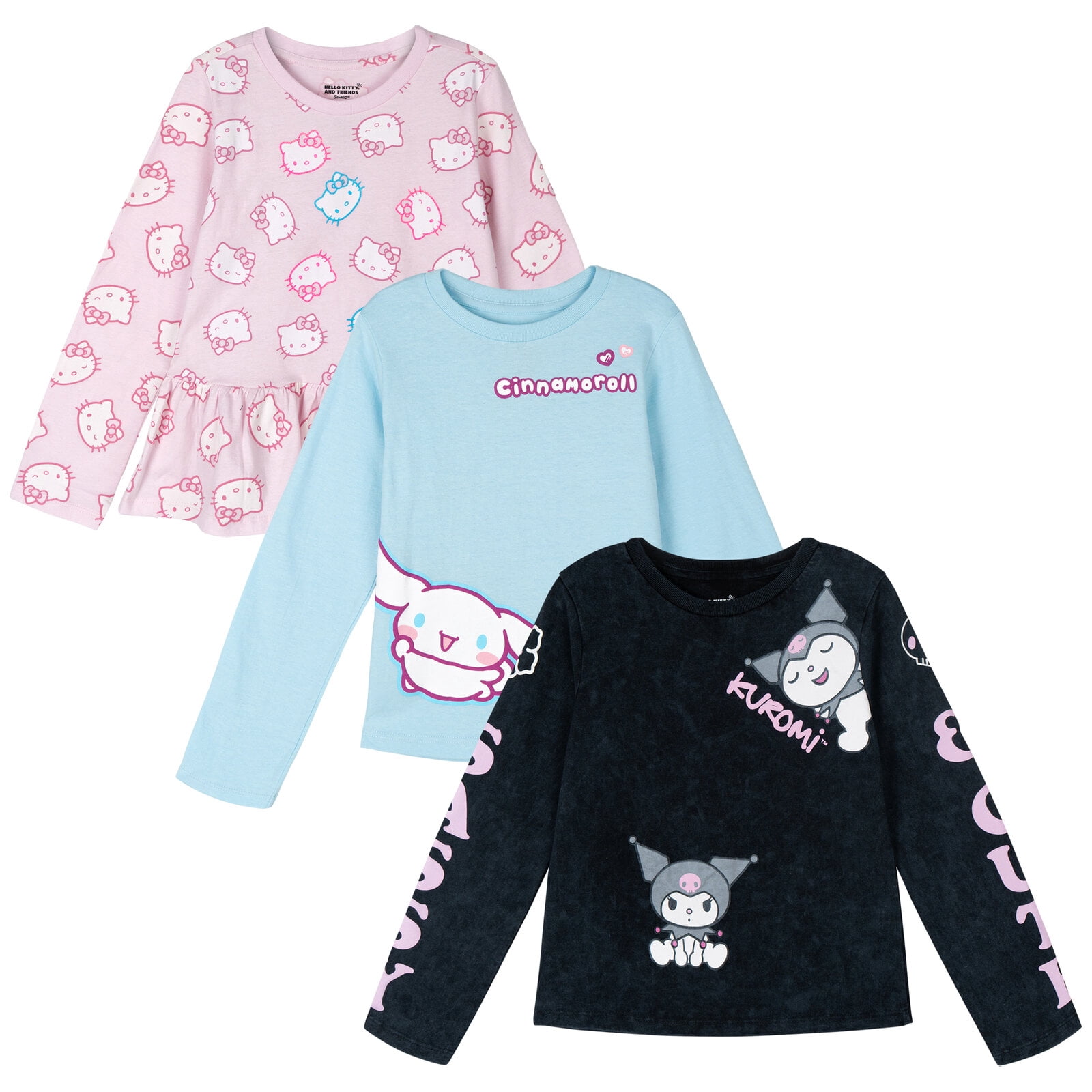 Hello Kitty Cinnamoroll Kuromi 3 Pack Peplum Long Sleeve T-Shirts Toddler to Big Kid