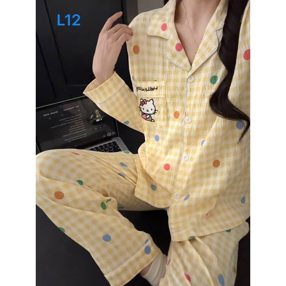 Hello Kitty Cloud Cotton Long-sleeved Top and Long Pants Pajama Set for Women Spring and Autumn Home wear Two-piece Set Wearable Outside