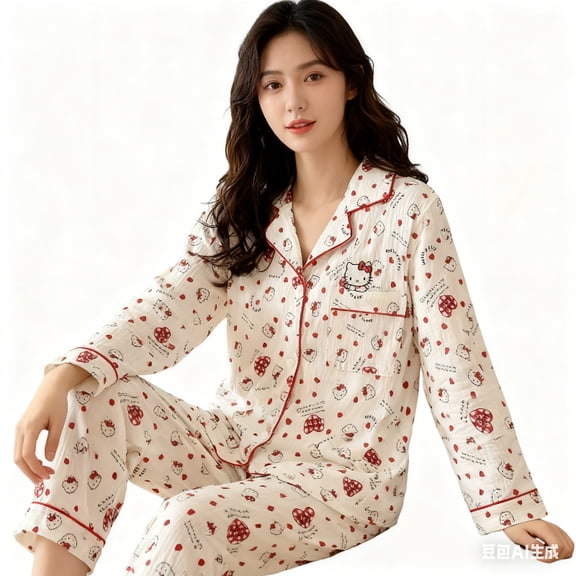Hello Kitty Cloud Cotton Women's Pajamas  Long-sleeved and Long-pants Two-piece Set Thin Style for Spring and Autumn Sweet Cartoon Loungewear