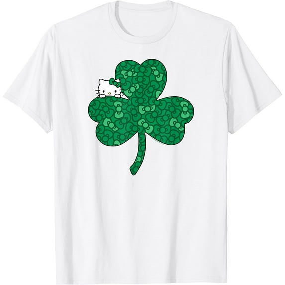 Hello Kitty Clover & Bows Saint Patrick's Day DTG Print Unisex T-Shirt,White Color,Size YM