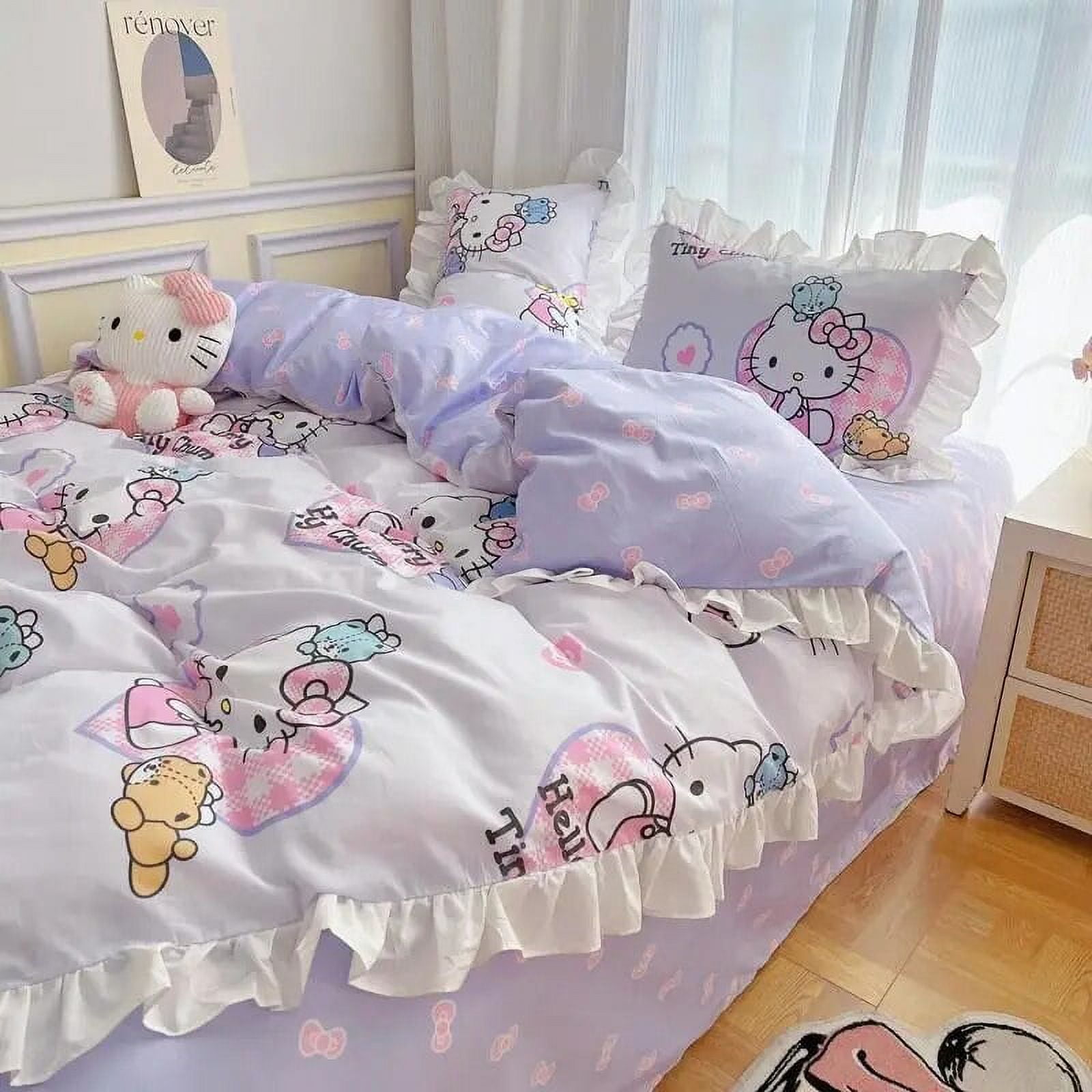 Hello Kitty Cotton Quilt Cover Sheet Pillow Case Kawaii Anime Children
