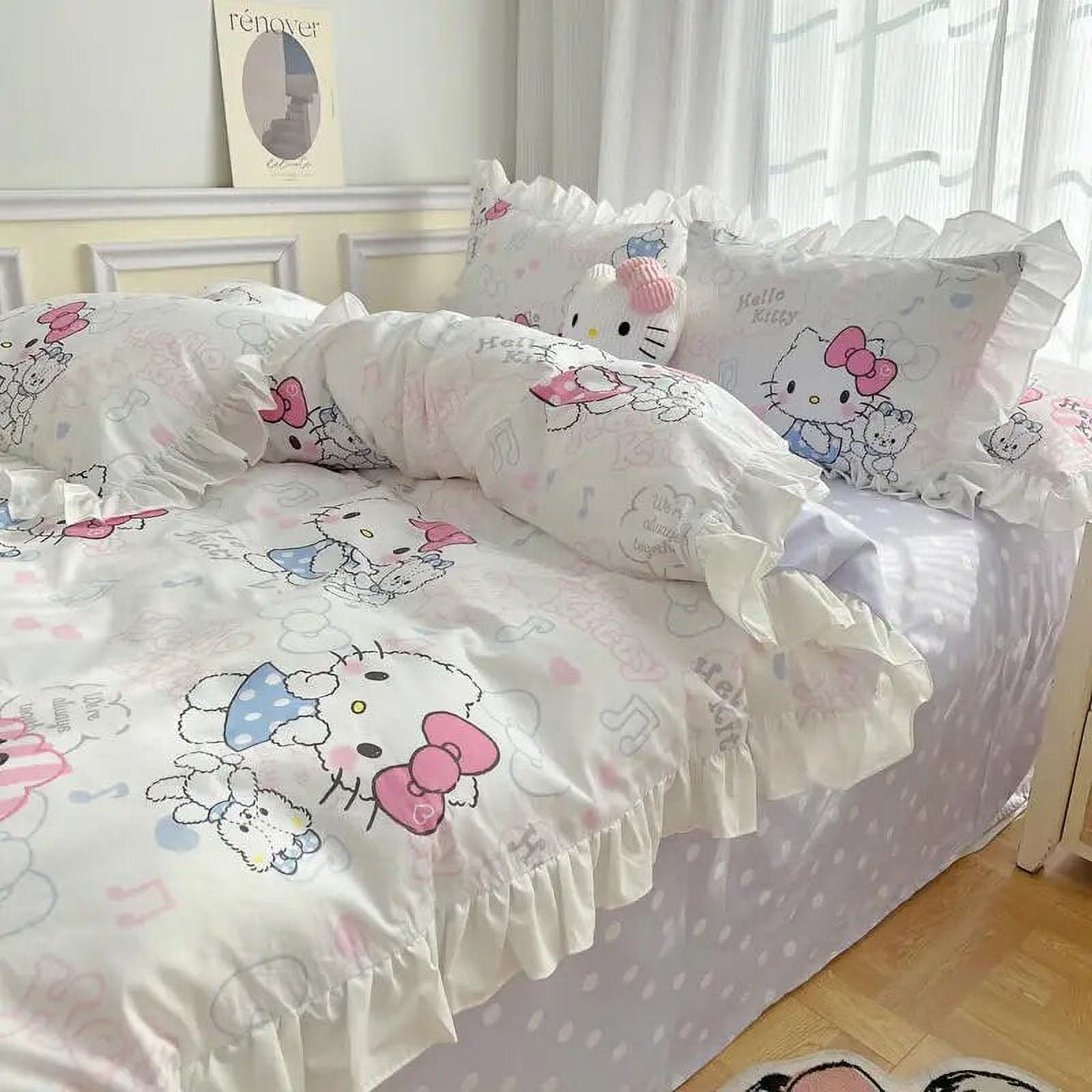 Hello Kitty Cotton Quilt Cover Sheet Pillow Case Kawaii Anime Children