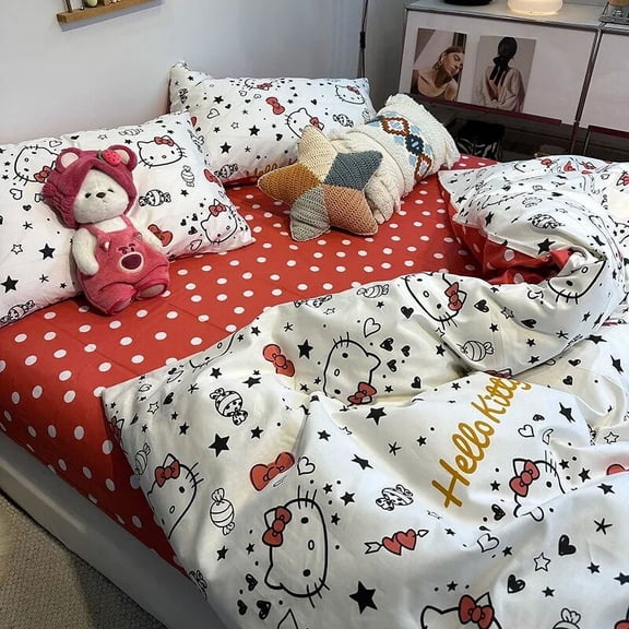 Hello Kitty Cotton Sanrio Four-piece Set Girly Heart Cute Cartoon Anime Pure Cotton Quilt Cover Sheet Dormitory Three-piece Set