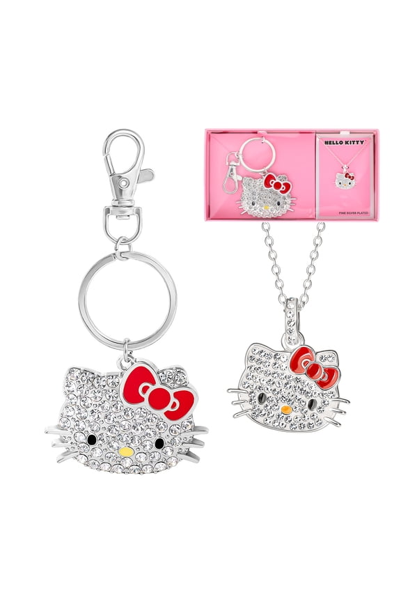 SALLY ROSE Hello Kitty Keychain and Necklace Set for Women Official License, Crystal Pave Sanrio Pendant Necklace and Key Chain