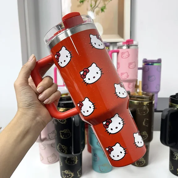 Hello Kitty Cup 40oz Handle Straw 40oz Vacuum Insulated Car Mug Double Wall Thermal Iced Travel