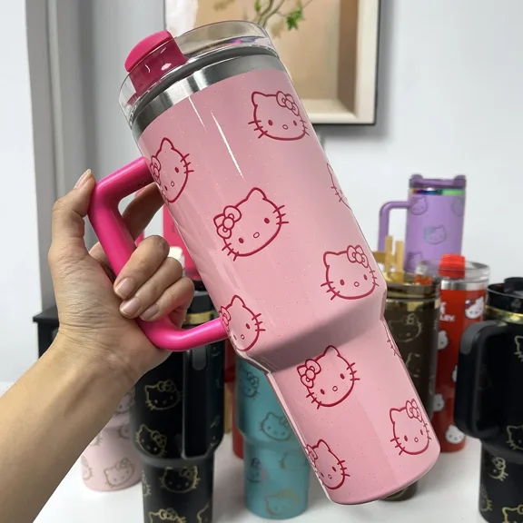 Hello Kitty Cup 40oz Handle Straw 40oz Vacuum Insulated Car Mug Double Wall Thermal Iced Travel