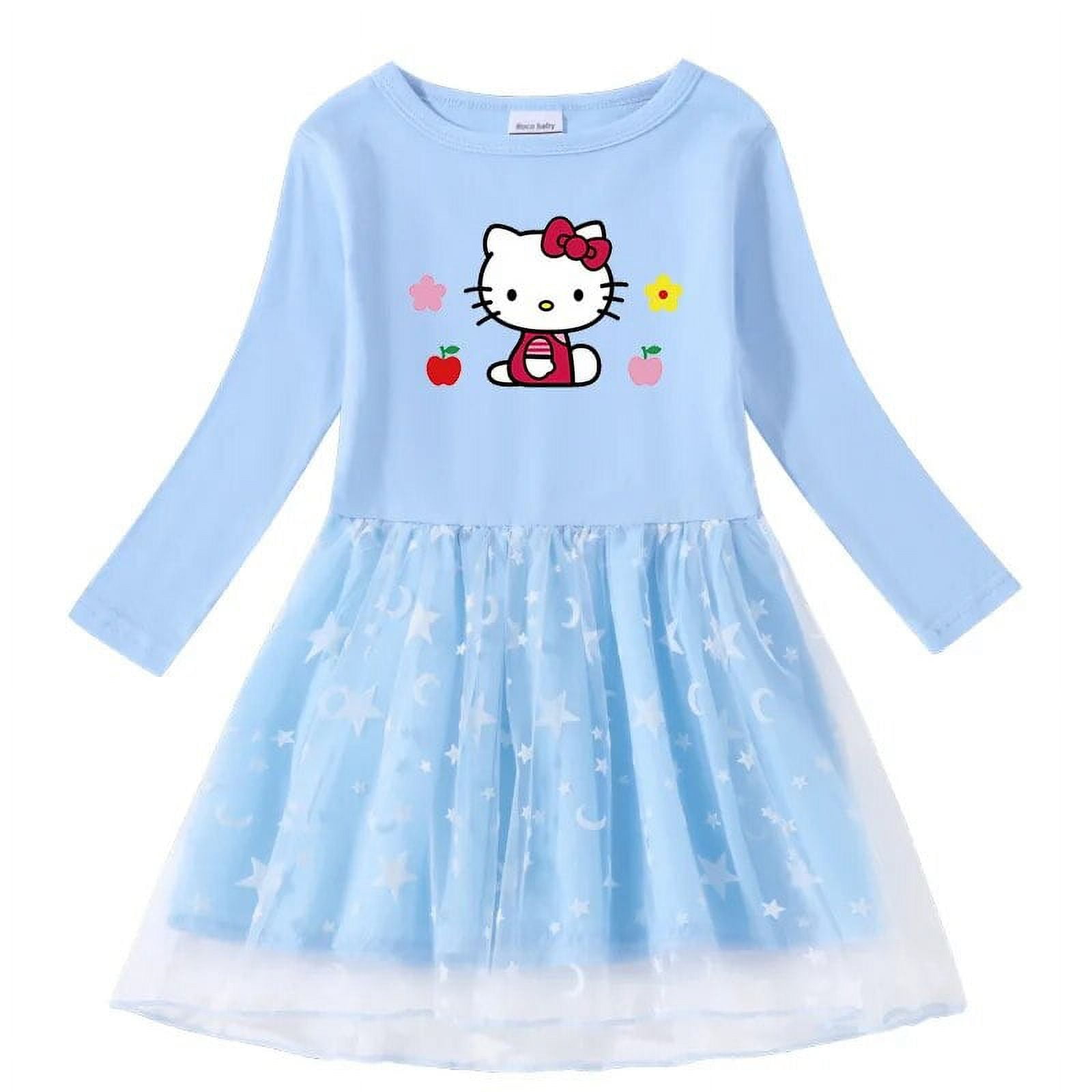 Hello Kitty Cute Cartoon Print Children Cotton Fashion Pleated Princess ...