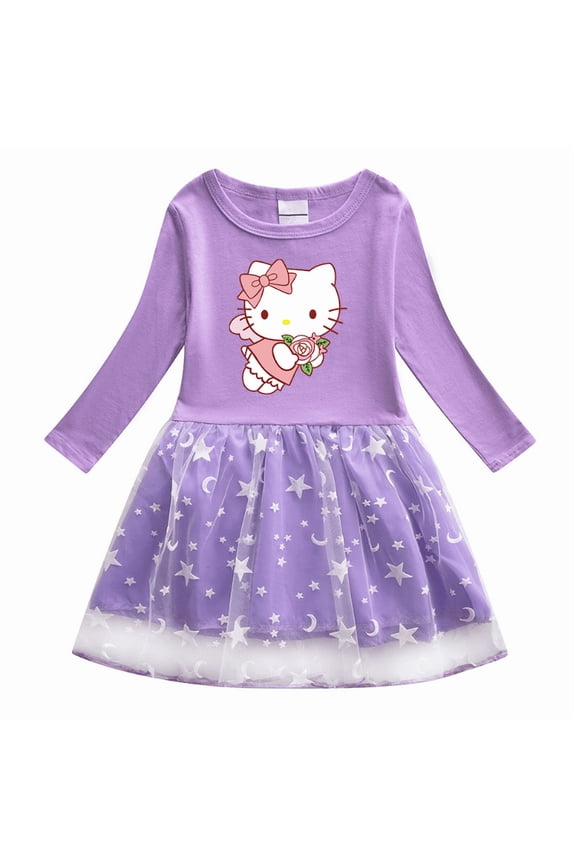 Hello Kitty Cute Cartoon Print Fashion Pleated Dress Long-sleeved Casual Skirt