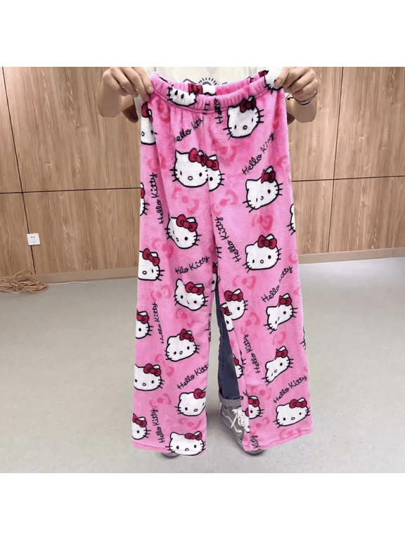 Hello Kitty Cute Coral Fleece Sleep Pants for Women, Cartoon Print Warm Loungewear