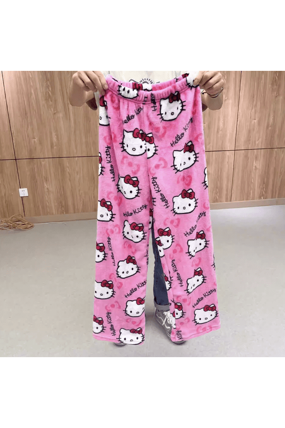 Hello Kitty Cute Coral Fleece Sleep Pants for Women, Cartoon Print Warm Loungewear