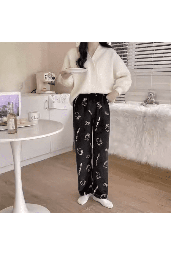 Hello Kitty Cute Coral Fleece Sleep Pants for Women, Cartoon Print Warm Loungewear
