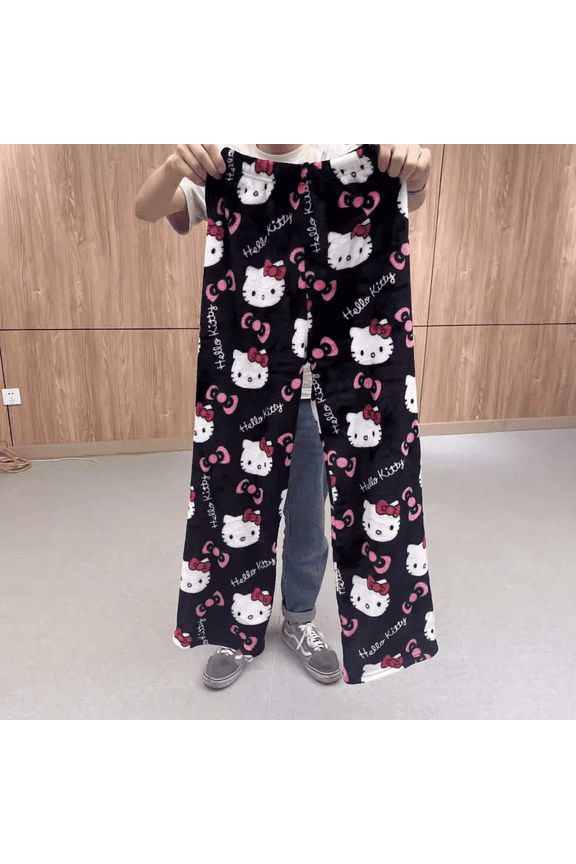 Hello Kitty Cute Coral Fleece Sleep Pants for Women, Cartoon Print Warm Loungewear