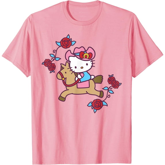 Hello Kitty Cute Cowgirl Horseback Western Rose DTG Print Unisex T-Shirt,Light Pink Color,Size YL