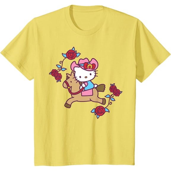 Hello Kitty Cute Cowgirl Horseback Western Rose DTG Print Unisex T-Shirt