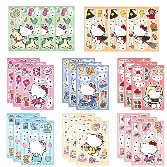 Hello Kitty DIY Face Stickers, 24 Sheets Hello Kitty DIY Stickers with 8 Styles for Hello Kitty Birthday Party Supplies, DIY Hello Kitty Stickers Birthday Decoration Gifts