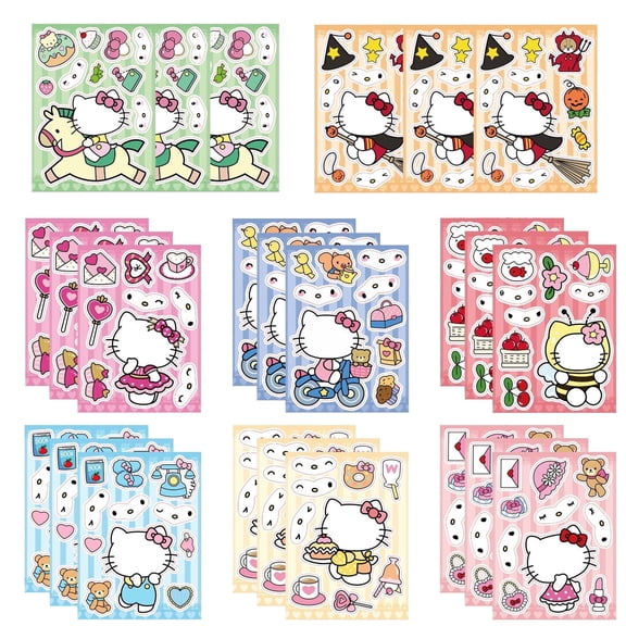 Hello Kitty DIY Face Stickers, 24 Sheets Hello Kitty DIY Stickers with 8 Styles for Hello Kitty Birthday Party Supplies, DIY Hello Kitty Stickers Birthday Decoration Gifts