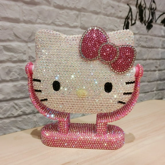Hello Kitty Diamond Rotate Vanity Mirror Cartoon Shiny Rhinestones Sanrioed Anime Kawaii Mirror Pink Girl Heart Girlfriend Gift HUIFEIFEI