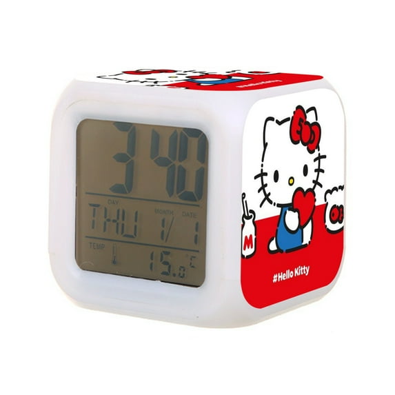 Hello Kitty Digital Alarm Thermometer Night Glow Cube 7 Color Clock LED Changing LCD Display Suitable for Bedroom Children