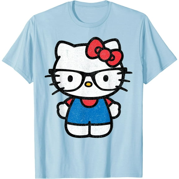 Hello Kitty Distressed Nerd Glasses DTG Print Unisex T-Shirt,Light Blue Color,Size YXS
