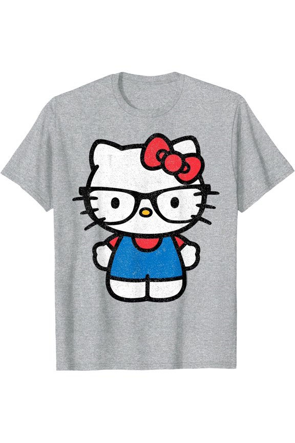 Hello Kitty Distressed Nerd Glasses DTG Print Unisex T-Shirt,Sport Grey Color,Size M