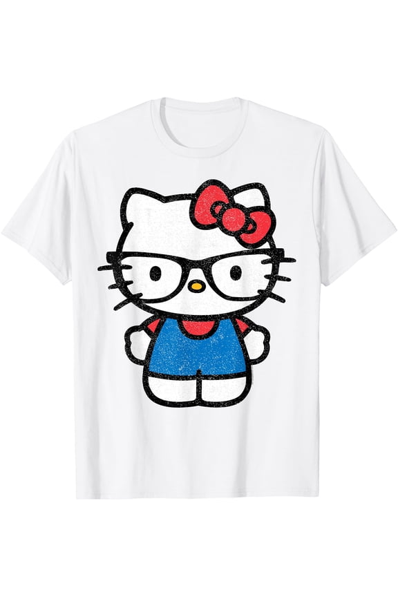 Hello Kitty Distressed Nerd Glasses DTG Print Unisex T-Shirt