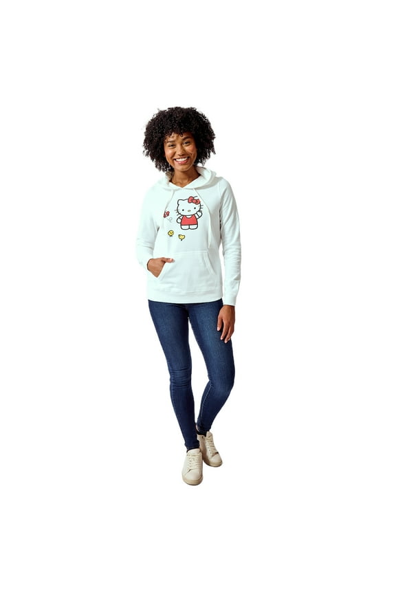 Hello Kitty & Ducklings Women's White Long Sleeve Hooded Sweatshirt -Medium