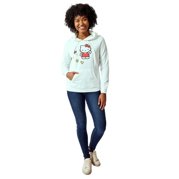 Hello Kitty & Ducklings Women's White Long Sleeve Hooded Sweatshirt -Small