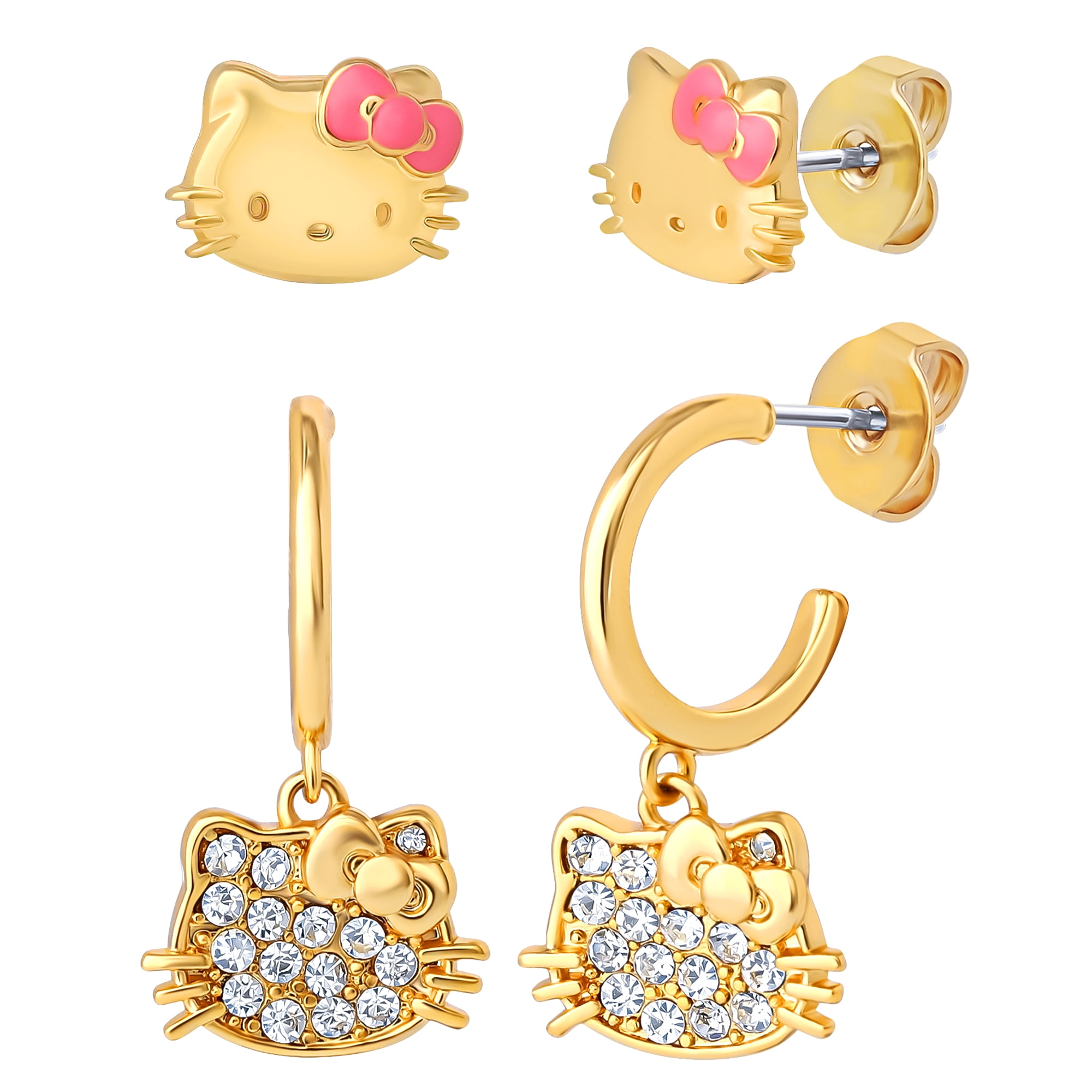 Hello Kitty Earring Set, 2-Pair, Gold-Tone Studs & Pavé Dangle Hoops