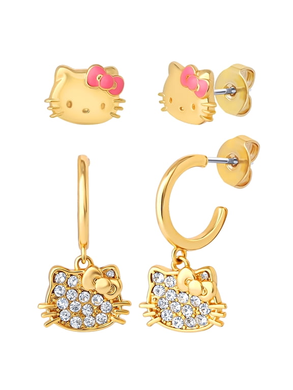 Earring Set, 2-Pair, Gold-Tone Studs & Pav Dangle Hoops