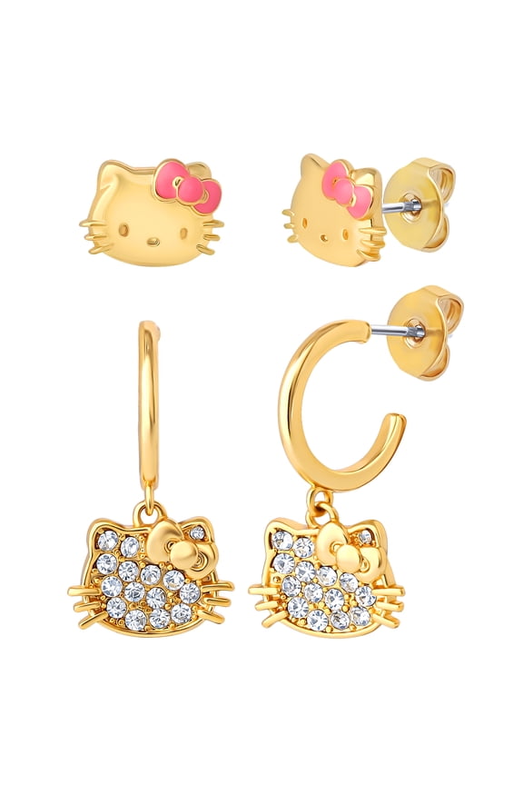 Earring Set, 2-Pair, Gold-Tone Studs & Pav Dangle Hoops