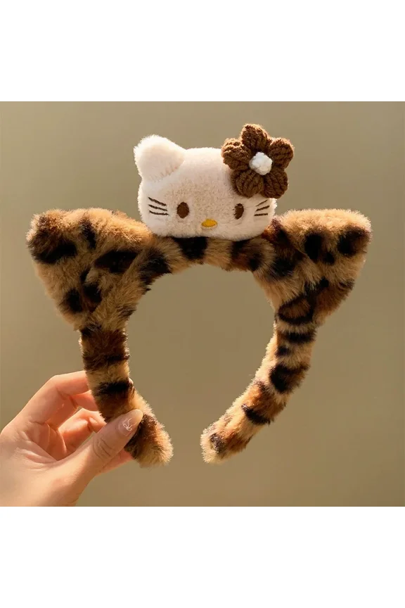 Hello Kitty Ears Headband Leopard Print Hair Band Cute Cartoon Makeup Shower Hair Accessories Gift