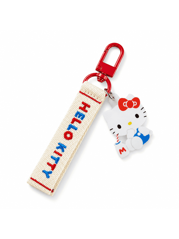 Hello Kitty Embroidered Logo Strap Keychain with Character Charm Red Blue White
