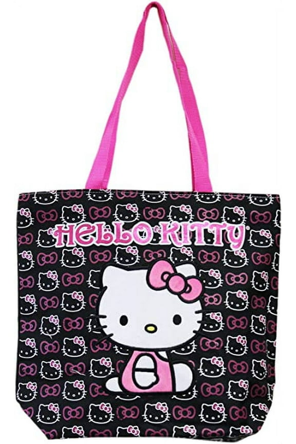 Hello Kitty Face and Hair Bow Pattern Black and White Medium Size Tote Bag