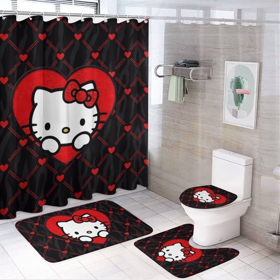 Kawaii Cat Family Shower Curtain Sets with Toilet Lid Cover, Non-Slip Rugs and Bath Mat, Home Bathroom Decor Set Accessories Waterproof Shower Curtains with 12 Hooks, 71 x 71 in