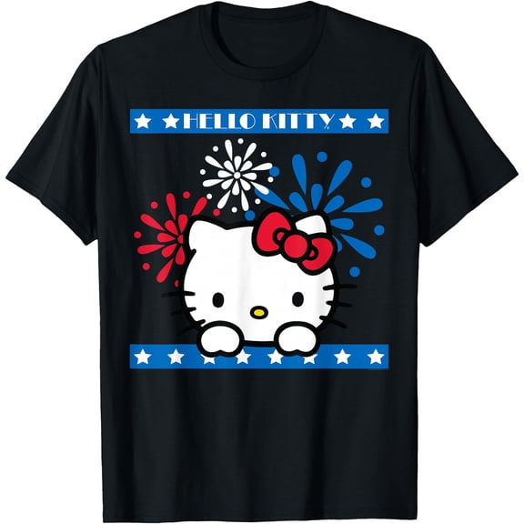 Hello Kitty Fireworks 4th of July Red White Blue Americana DTG Print Unisex T-Shirt