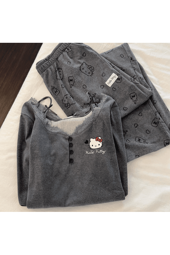 Hello Kitty Fleece Pajama Set - Gray Cartoon Lace Two-Piece Loungewear Set