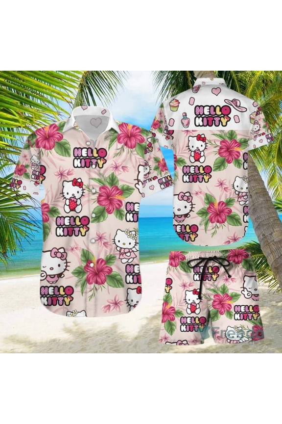 Hello Kitty Flower Cute Gift Hawaiian Shirts And Short Summer Beach Set
