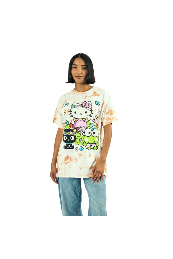 Hello Kitty Flower Power Women's Cloud Wash Crew Neck Short Sleeve T-shirt-Medium