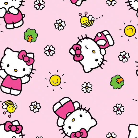 Hello Kitty Flowers Bees Pink Cotton Fabric