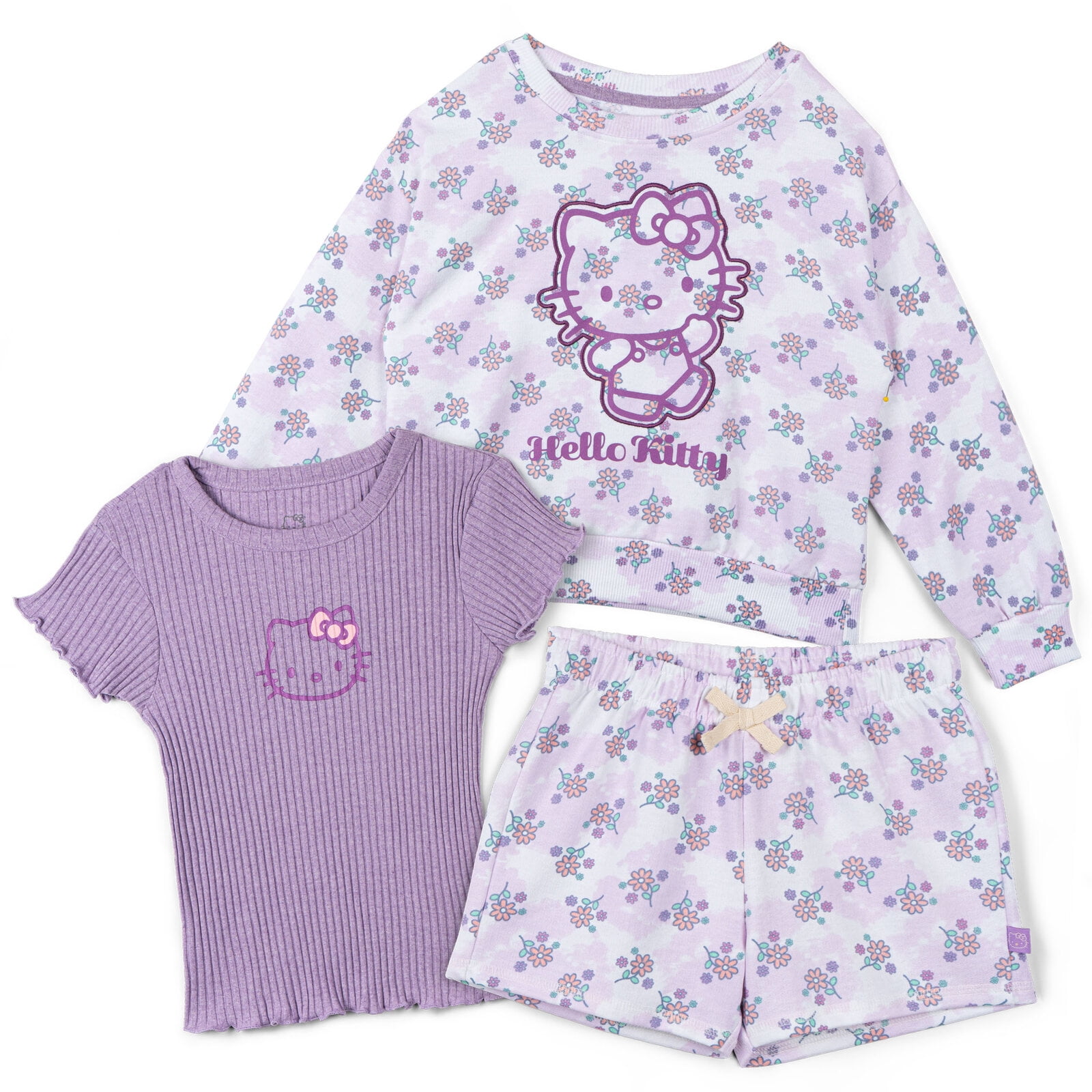 Hello Kitty French Terry Drop Shoulder Pullover Sweatshirt, Ribbed T-Shirt and Shorts 3 Piece Outfit Set Toddler to Big Kid