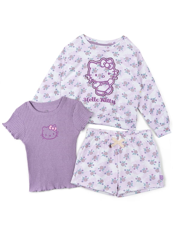 French Terry Drop Shoulder Pullover Sweatshirt, Ribbed T-Shirt and Shorts 3 Piece Outfit Set Toddler to Big Kid