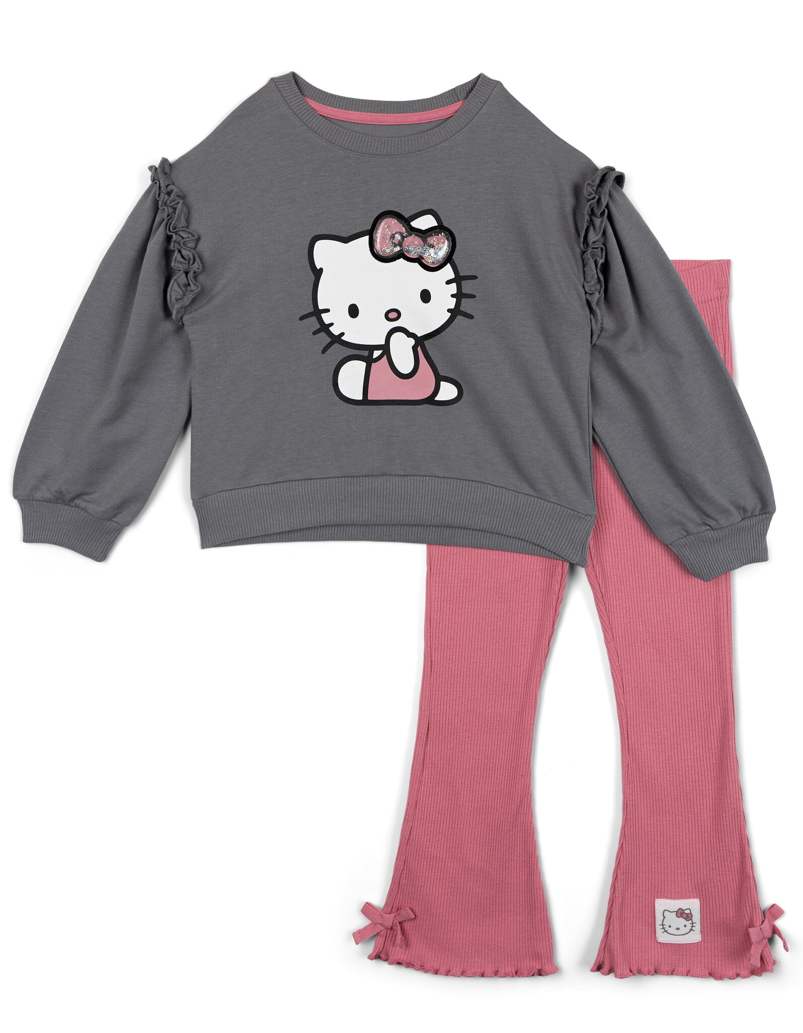 Hello Kitty French Terry Drop Shoulder Pullover Sweatshirt and Ribbed Flare Leggings Outfit Set Toddler to Big Kid