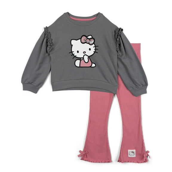 Hello Kitty French Terry Drop Shoulder Pullover Sweatshirt and Ribbed Flare Leggings Outfit Set Toddler to Big Kid