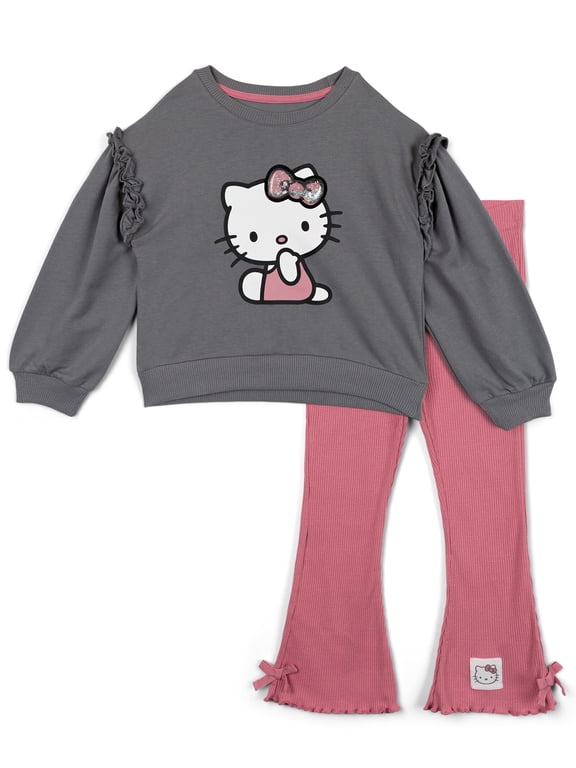 French Terry Drop Shoulder Pullover Sweatshirt and Ribbed Flare Leggings Outfit Set Toddler to Big Kid