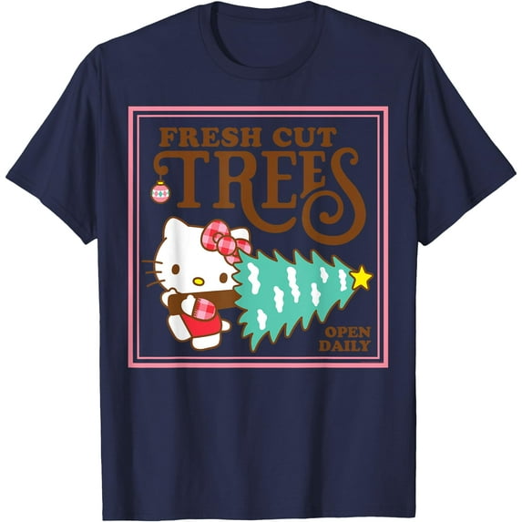 Hello Kitty Fresh Cut Christmas Trees DTG Print Unisex T-Shirt,Navy Color,Size M