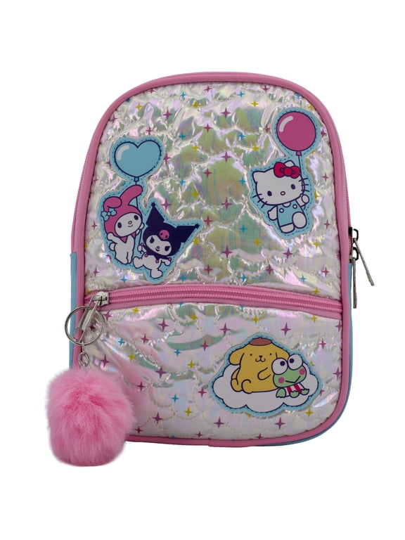 Hello Kitty & Friends 9” Micro Mini Backpack Purse Featuring Sanrio Character Patches, Quilting & Pompom Dangle, Iridescent