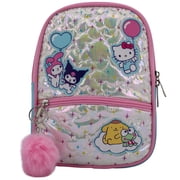 Hello Kitty & Friends 9  Micro Mini Backpack Purse Featuring Sanrio Character Patches, Quilting & Pompom Dangle, Iridescent
