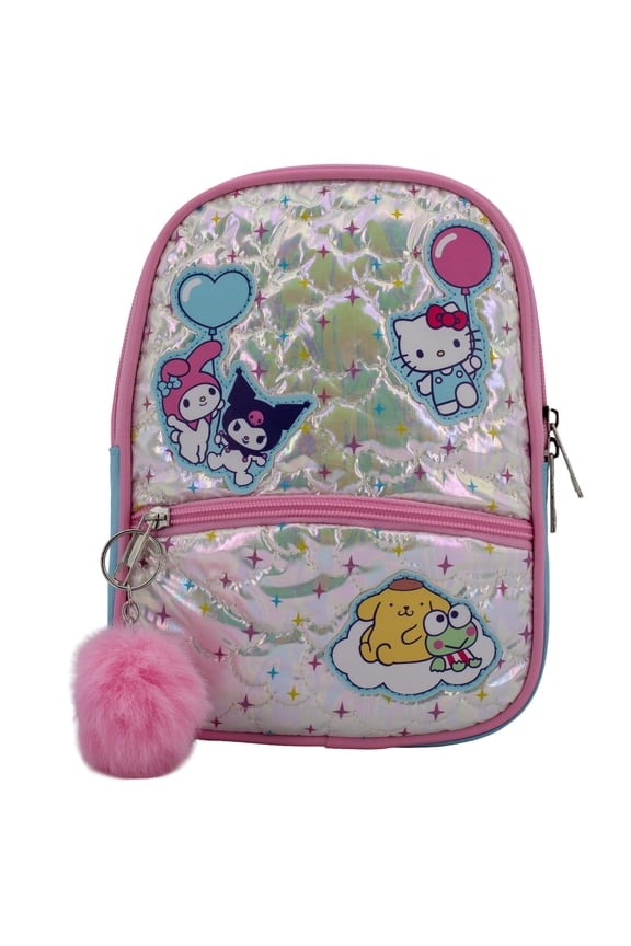 Hello Kitty & Friends 9” Micro Mini Backpack Purse Featuring Sanrio Character Patches, Quilting & Pompom Dangle, Iridescent