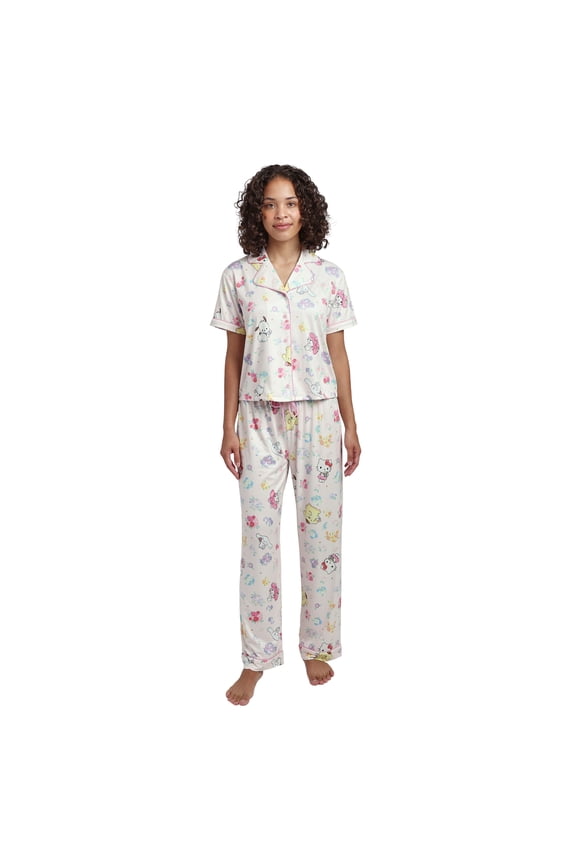 Hello Kitty & Friends All-Over Print Women's Button-Down Shirt And Pants 2-Piece Pajama Set-Large
