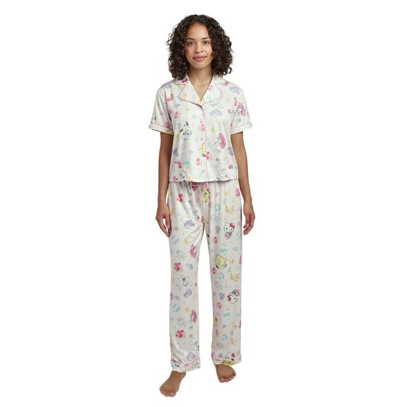 Hello Kitty & Friends All-Over Print Women's Button-Down Shirt And Pants 2-Piece Pajama Set-Small